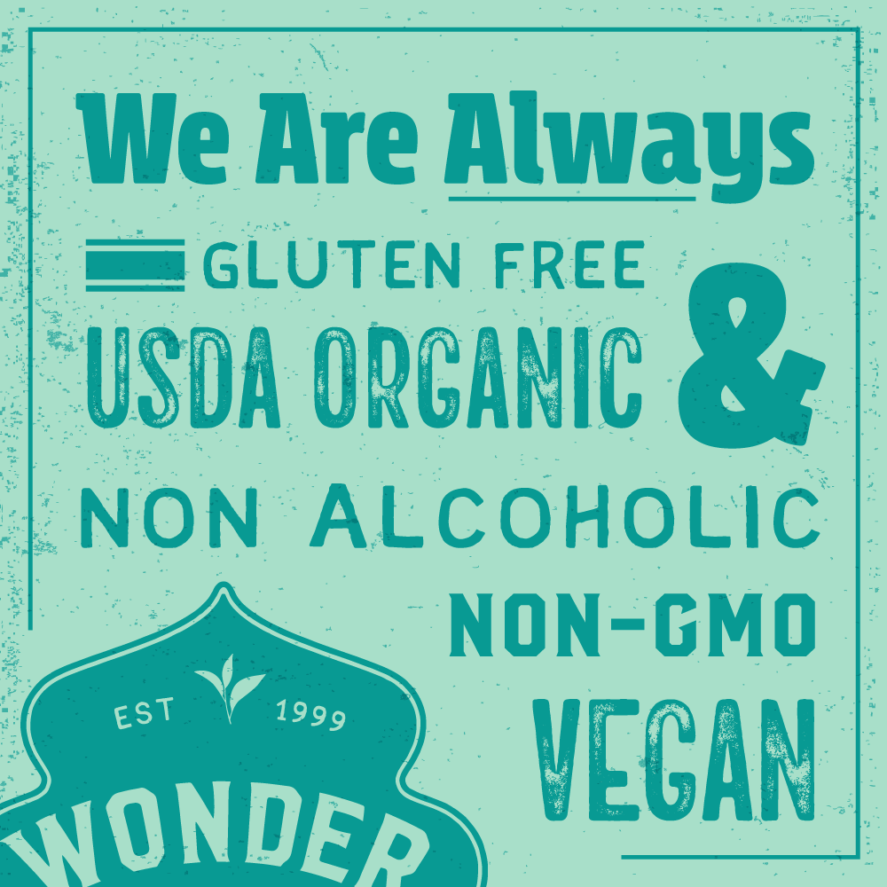text that reads we are always gluten free usda organic and non alcoholic non-gmo vegan part of wonder drink logo in bottom left