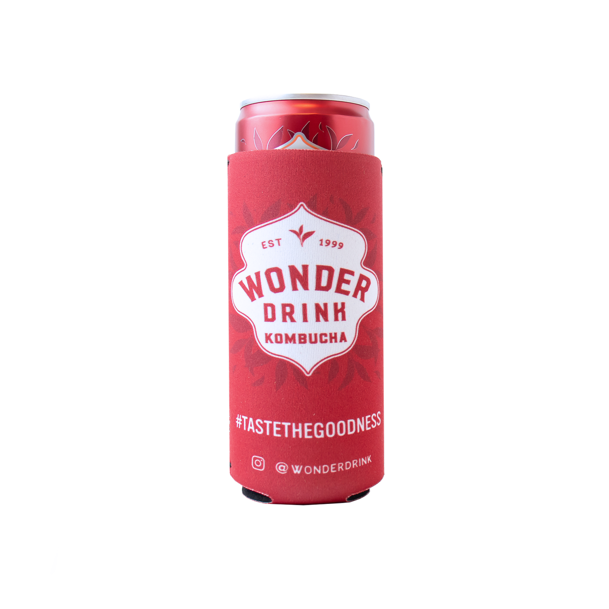 a can of wonder drink kombucha in a koozie